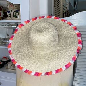 Natural Straw Sun Hat with Pink & Orange Fringe